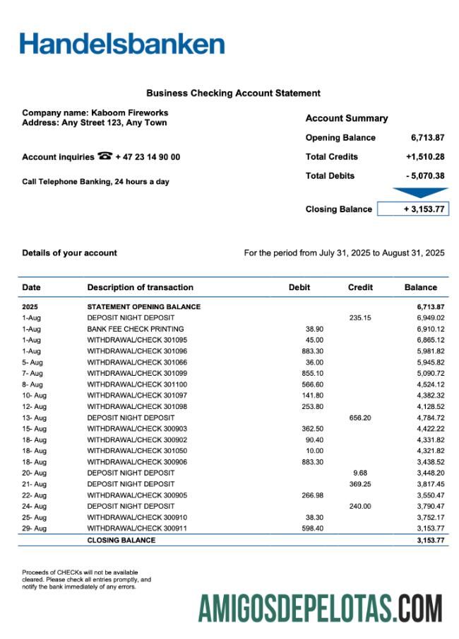 Realista Norueguês Handelsbank Enterprise Statement Modelo Word e PDF